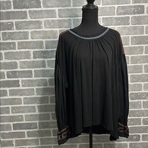 Free People Black Embroidered Boho Long Sleeve Relaxed Tunic Size‎ Large